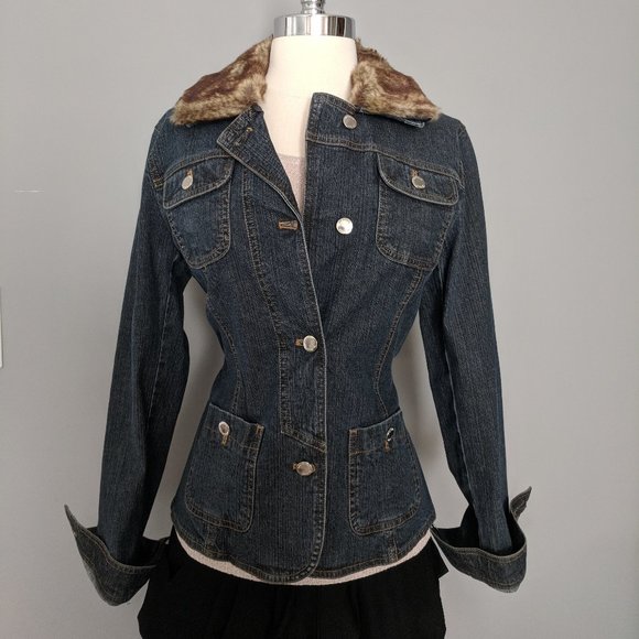 JONES New York Signature Denim Jacket Blazer Detachable Faux Fur Collar Size SM - Picture 4 of 8